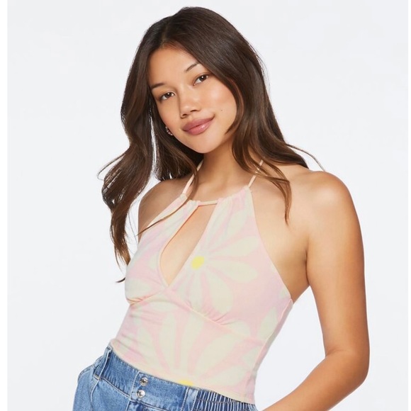 Forever 21 Tops - Forever 21 Pink Yellow Daisy Halter Top Size Medium